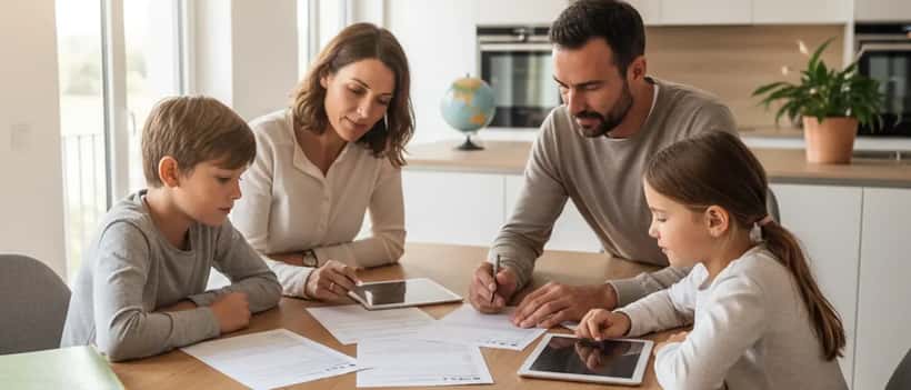 Famille française consultant ses documents CAF et relevé bancaire