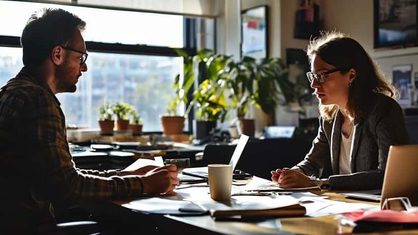 Two office workers in tense confrontation across a desk in a modern open-plan office