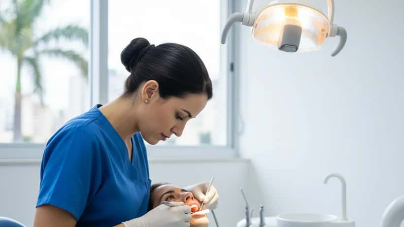 Dentista brasileira de azul examinando paciente em clínica odontológica moderna em São Paulo com equipamentos odontológicos visíveis