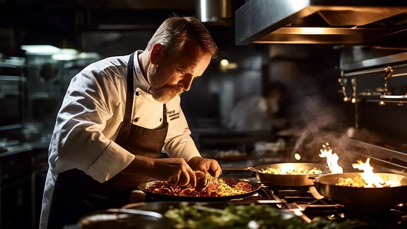 Sternekoch in professioneller Küche beim Plating, Salzburg, Gastronomie unter Druck