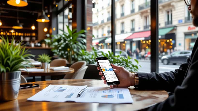 Responsable RH dans un open-space parisien révisant des fiches de paie avec une carte de titre-restaurant dématérialisée sur le bureau