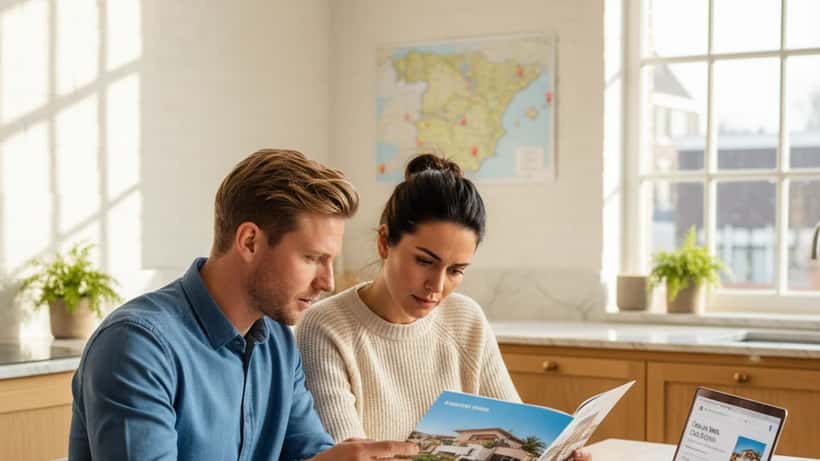 Nederlands echtpaar bestudeert vastgoedinformatie over Spanje aan keukentafel