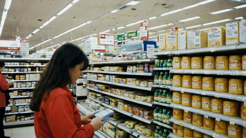 Employée de supermarché apposant un avis de rappel sur des fromages réfrigérés dans un magasin canadien