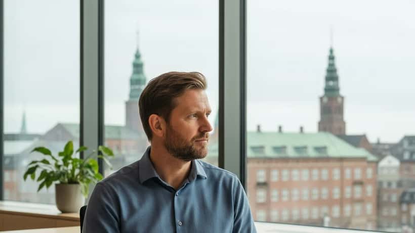 Dansk mand i kontorstol kigger tankefuldt ud ad vindue i København