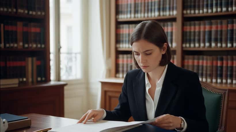 Jeune femme aristocratique consultant des documents de succession dans un bureau d'avocat parisien