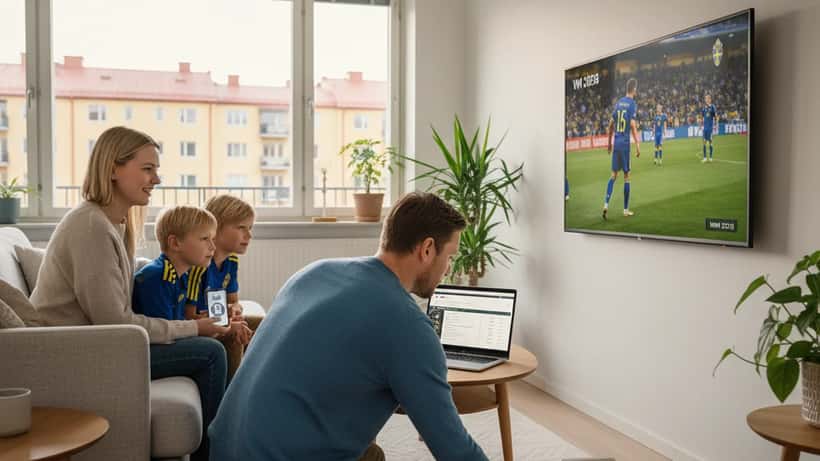 Svensk familj tittar på fotbolls-VM 2026 på TV i Stockholmslägenhet