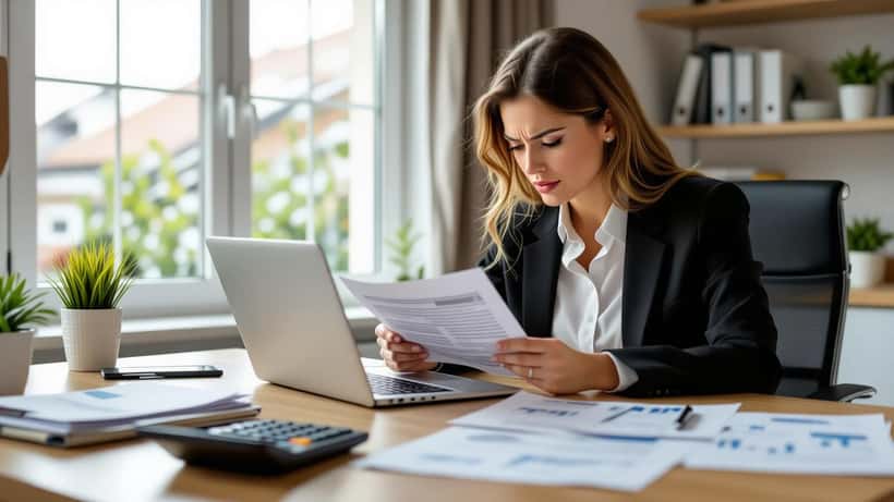 Woman reviewing denied expense report on laptop at home office desk with receipts and calculator