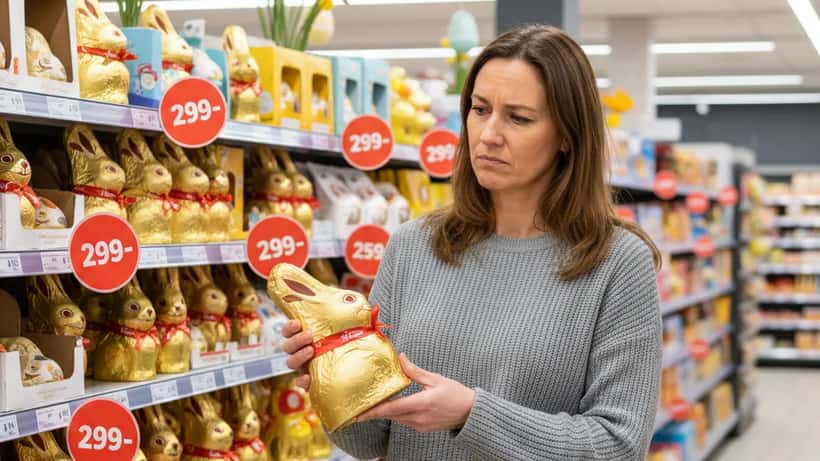 Deutsche Frau im Supermarkt betrachtet skeptisch einen Lindt Goldhasen mit Preisschild, Hamburg, Osterabteilung