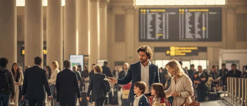Famiglia italiana con bagagli in aeroporto durante le vacanze di Pasqua