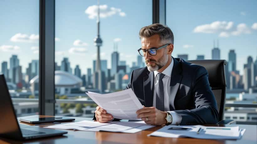 Sports lawyer reviewing international football player contracts at a Toronto law office