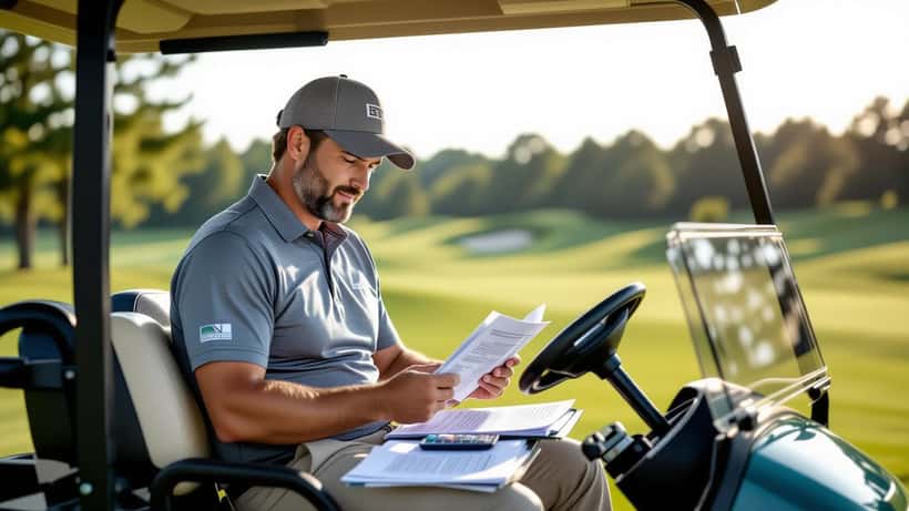 Golfista profesional de club revisando documentos financieros en un campo de golf