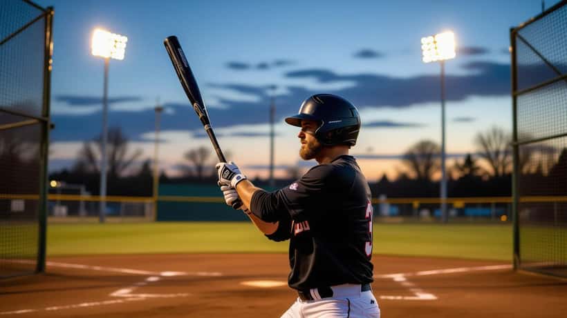 Amateur softball player grips his wrist after a swing in a batting cage