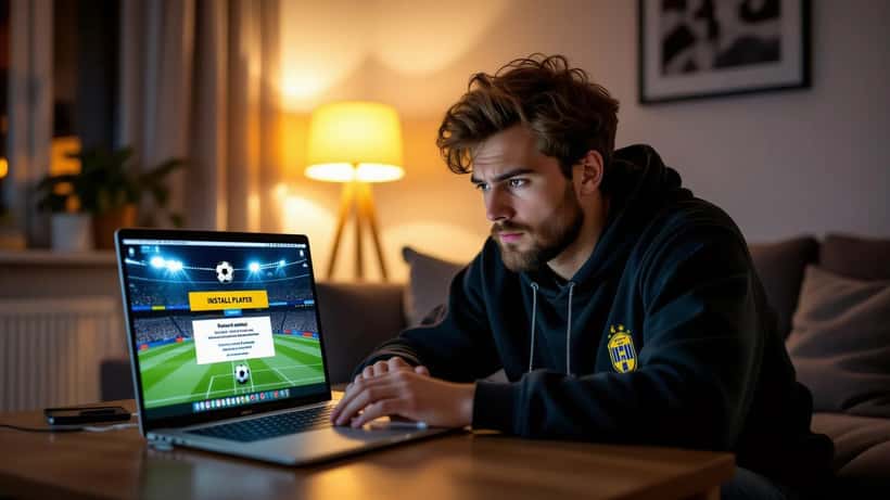 Junger Mann am Laptop mit gefälschtem Update-Pop-up einer illegalen Fußball-Streaming-Seite
