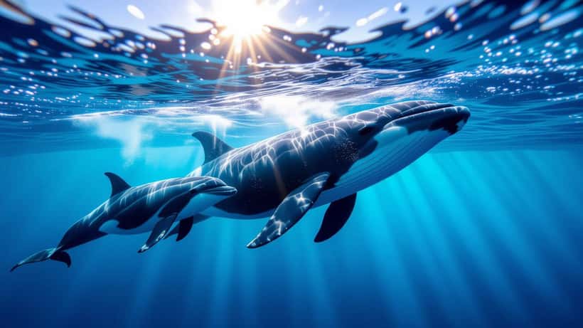 Groep dolfijnen zwemt vlak naast de kop van een grote walvis in helder blauw zeewater met zonlicht.