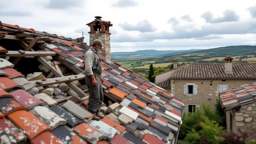 Maison avec toiture endommagée après une tornade, tuiles arrachées et charpente exposée dans le sud de la France