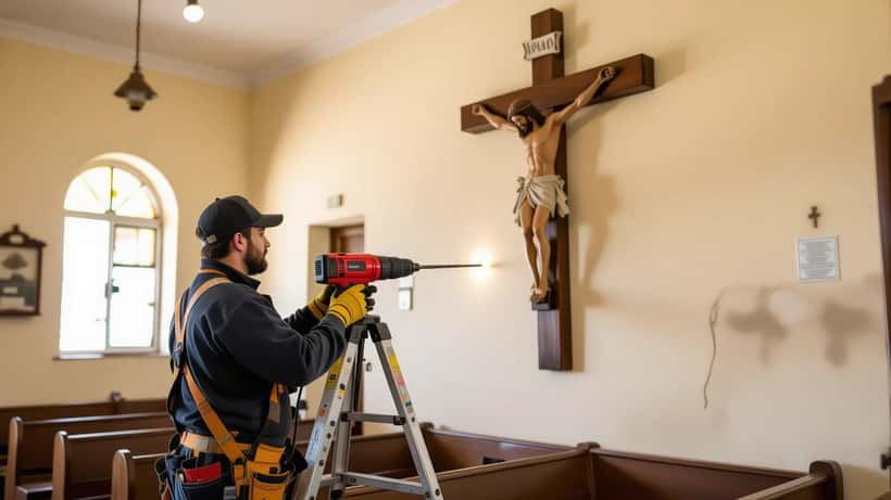 Técnico a verificar a fixação de um crucifixo de madeira pesado numa igreja