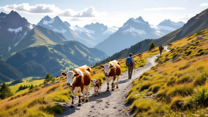 Troupeau de vaches Simmental sur un sentier de randonnée alpin en Suisse, randonneur en danger