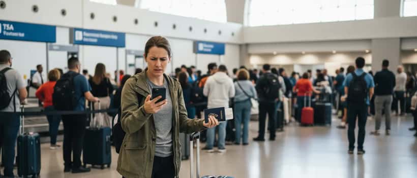 Frustrated traveler waiting in long TSA security line at US airport with luggage