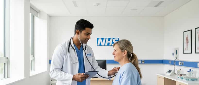 UK doctor examining a patient attentively in an NHS hospital consultation room