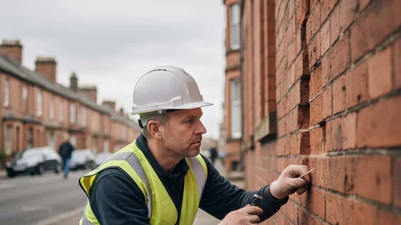 Building surveyor inspecting brick wall crack after earthquake in Scottish Victorian terrace