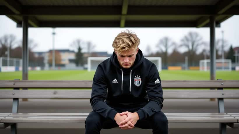 Fotbollsspelare sitter ensam på bänk med huvudet böjt i ett tomt träningsfält