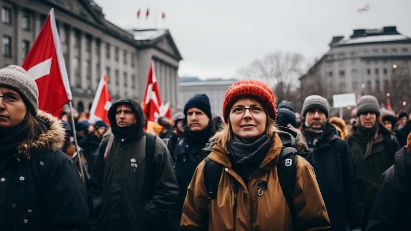 Lærere med bannere i streik demonstrasjon utenfor kommunalt bygg i Norge