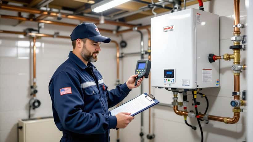 Technicien chauffagiste connectant un analyseur de combustion à une chaudière gaz murale dans un local technique à Lausanne