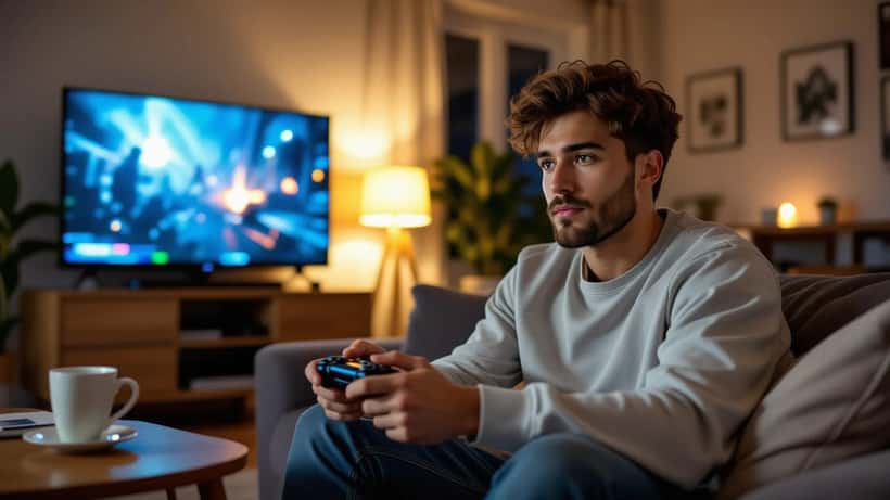 Joueur se massant le pouce douloureux devant un jeu de combat en pause
