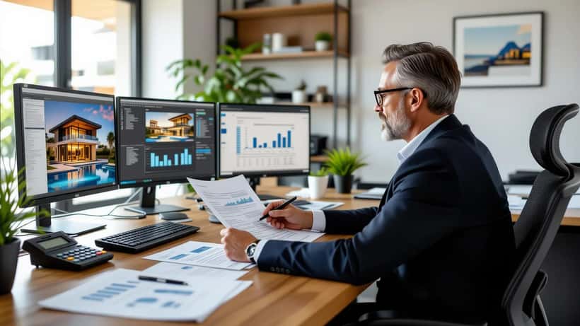 Consultor financeiro revisando documentos de compra de mansão de luxo em escritório em São Paulo