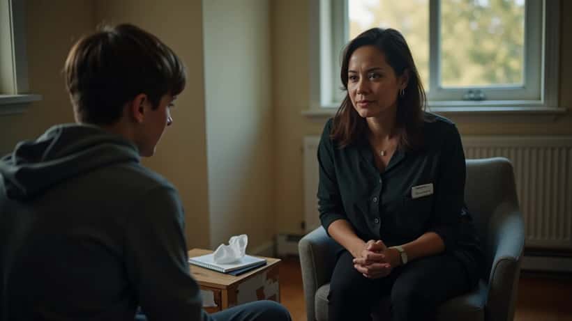 Female psychotherapist sitting across from a teenage boy client in a quiet Canadian therapy office
