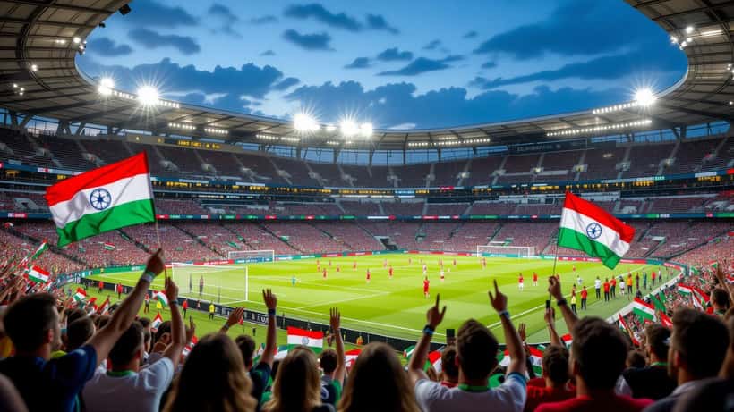 WM 2026 Stadion mit feiernden Fans bei Flutlicht