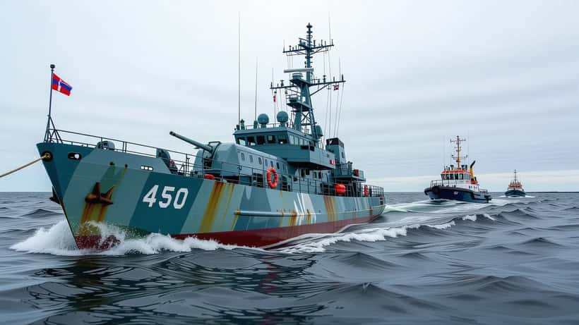 Corvette de guerre russe naviguant près d'un pétrolier en mer Baltique