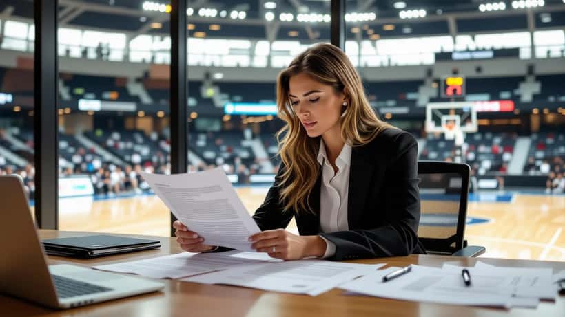 Female basketball player reviewing sports contract with lawyer at desk