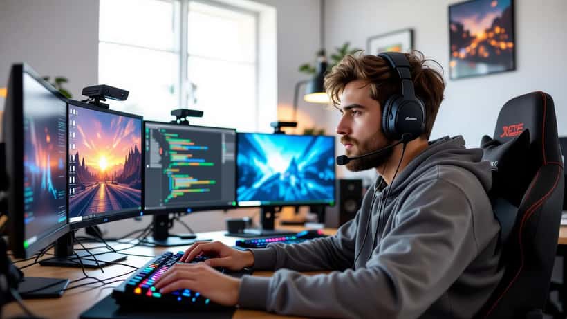 Streamer profissional em estúdio com múltiplos monitores exibindo torneio CS2 e documentos contratuais sobre a mesa, iluminação LED roxa ao fundo