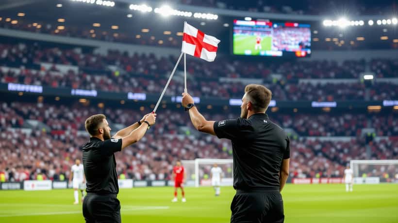 Referee producing red card on floodlit football pitch at night, player holding corner flag in background
