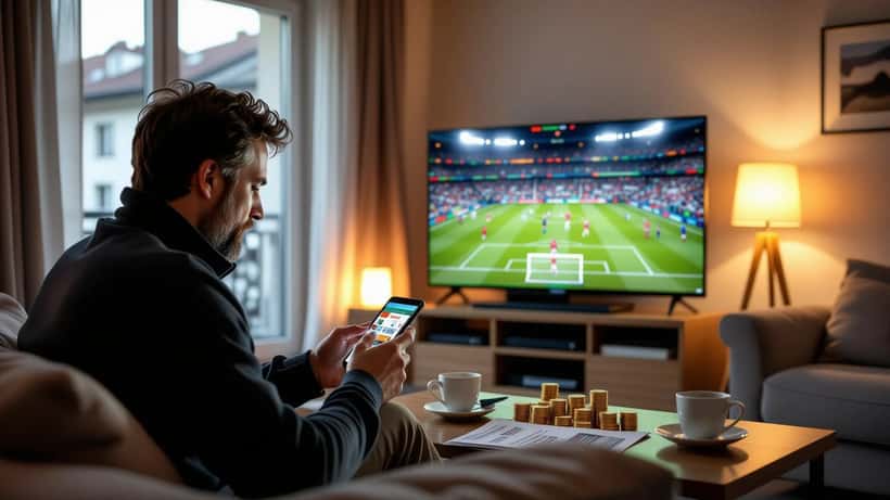 Homme consultant son smartphone avec une application de paris sportifs, match de football en arrière-plan, appartement genevois