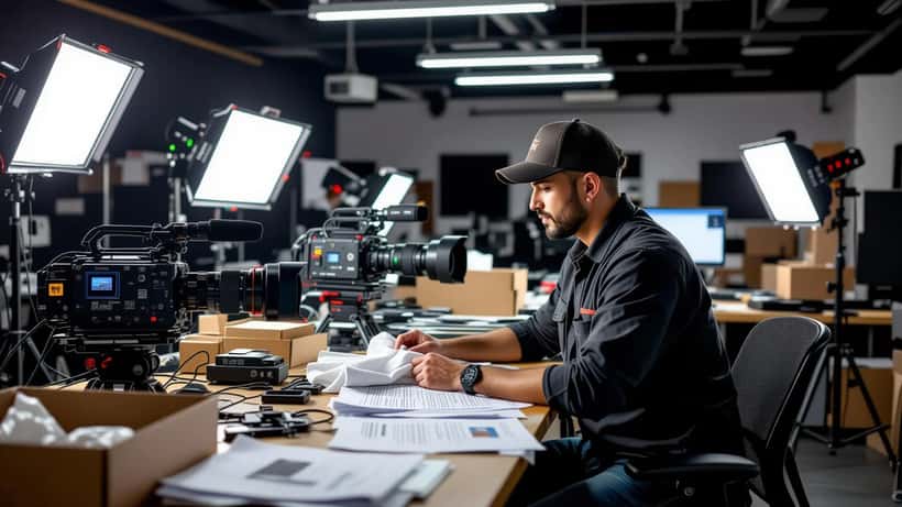 Equipo de producción televisiva trabajando en un estudio cinematográfico