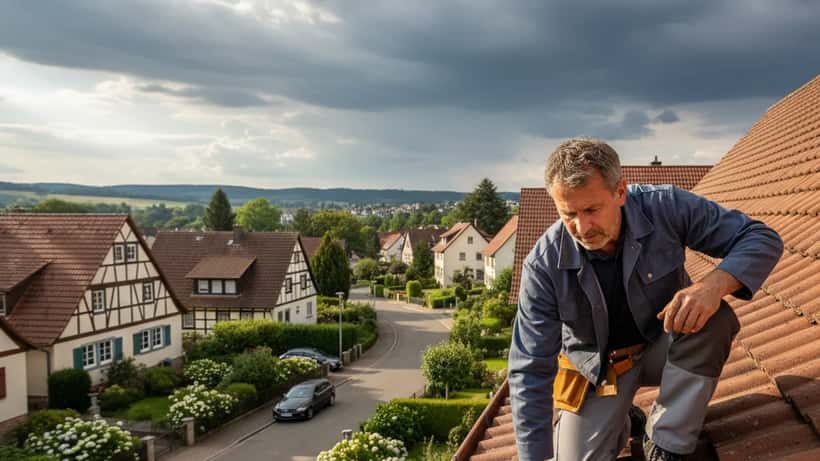Handwerker inspiziert ein Wohnhausdach in Stuttgart vor einem Unwetter