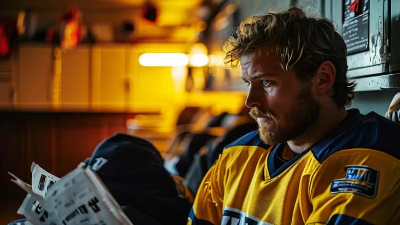 Hockeyspelare i omklädningsrum med ekonomiska dokument, symboliserar karriärövergång