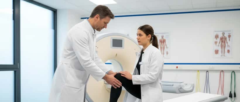 Sportmediziner untersucht Kniegelenk eines Patienten in moderner Klinik, Deutschland
