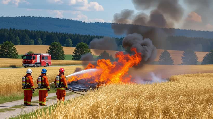 Pompiers face à un incendie de prairie en zone agricole suisse, flammes et fumée dans un champ desséché