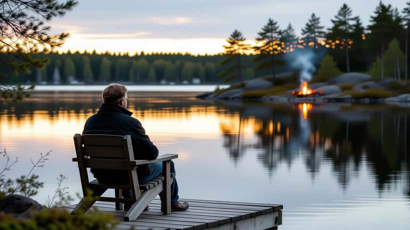 Suomalainen mies istuu yksin mökkilaiturilla juhannusiltana, tyhjä tuoli vieressään, järvi taustalla