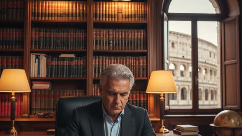 Regista italiano che esamina contratti per diritti d'autore di documentario in ufficio romano