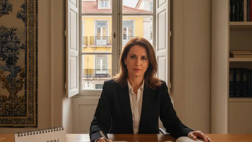 Portuguese lawyer reviewing labor law documents at desk in Lisbon office