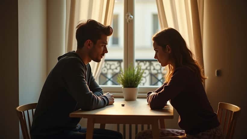 Couple assis face à face dans un appartement parisien, distance émotionnelle palpable entre les deux partenaires