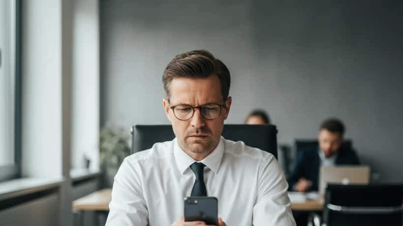Deutscher Arbeitnehmer mit besorgtem Blick auf sein Smartphone im Büro