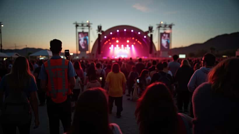 Festival crowd evacuating outdoor music event at dusk with emergency personnel and stage lights visible