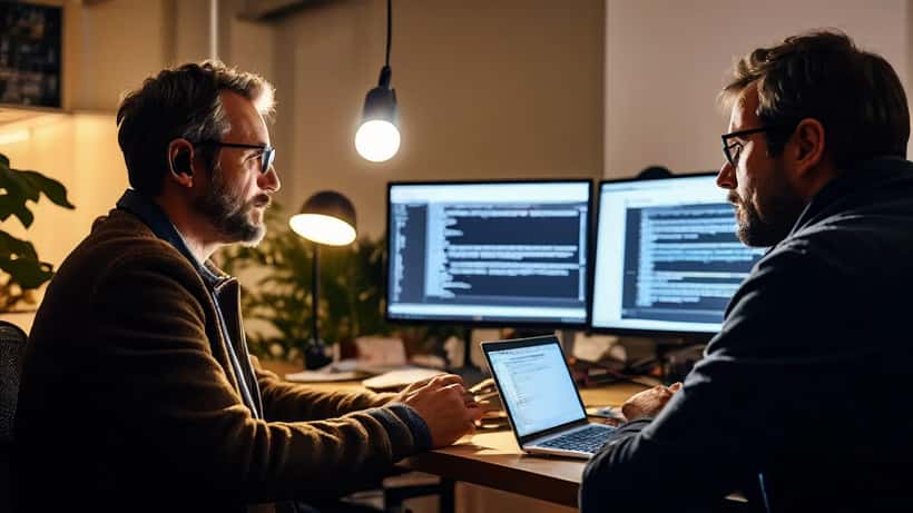 Consultant IT comparant Claude et GPT-6 sur deux écrans dans un bureau parisien