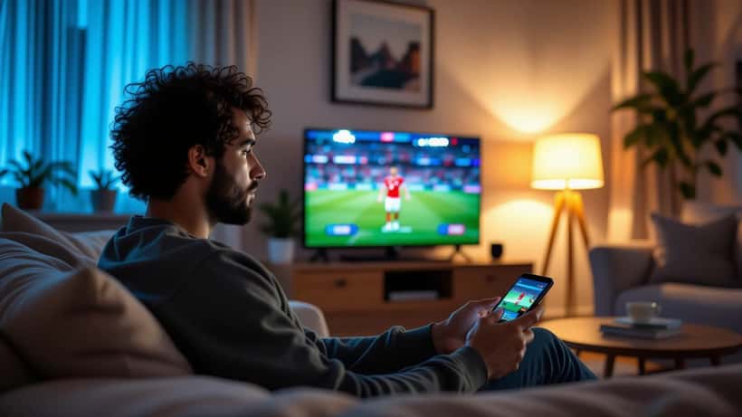 Homme regardant Pays-Bas contre Maroc à la Coupe du Monde 2026 avec application de paris sportifs sur smartphone