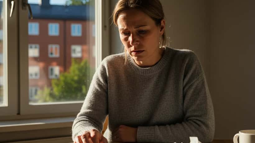 Kvinna granskar kvitton och elräkningar vid ett köksbord i Stockholm